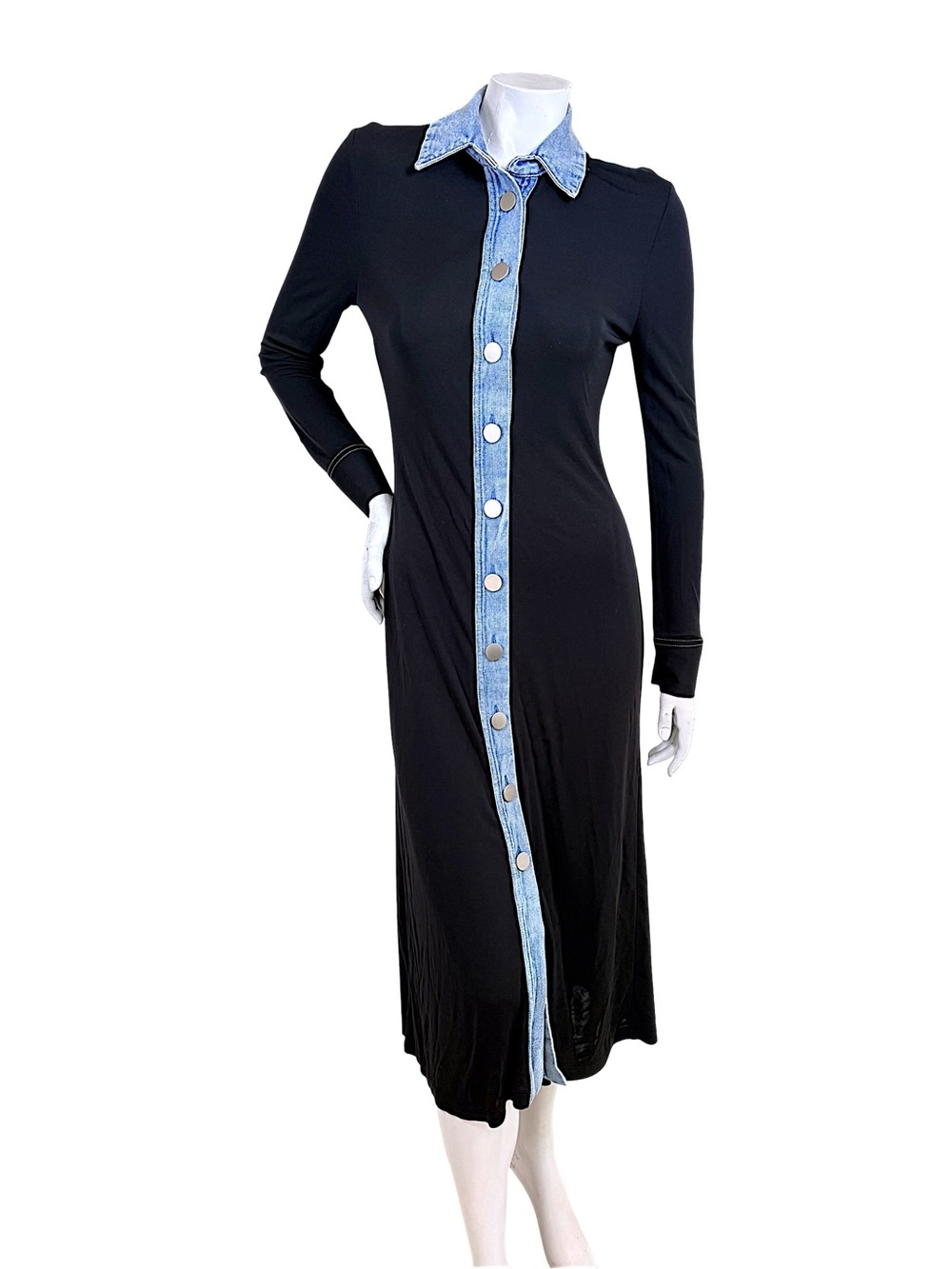 Christopher Esber Black Long-Sleeve Midi Dress with Blue Denim Trim